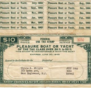 1944,  $10.  00 Pleasure Boat Or Yacht Over 28 Ft.  To 50 Ft. ,  See Remark (23175)