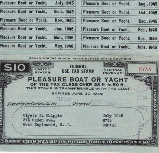 1945,  $10.  00 Pleasure Boat Or Yacht Over 28 Ft.  To 50 Ft. ,  See Remark (23174)