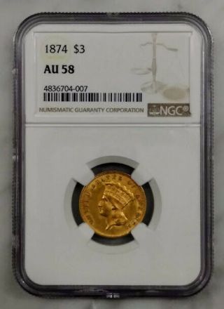 1874 $3 Indian Princess Head Gold Three Dollar Piece Coin Au 58 Ngc