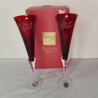 Lenox Holiday Gems Toasting Flutes Ruby Etched Holly Champagne Set Of 2