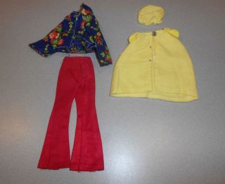 Vintage Barbie Clone Maddie Mod Red Pants,  Floral Blouse & Yellow Cape,  Hat