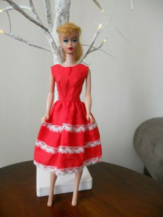 1960s Handmade Fashion Outfit Red & White Lace Dress For Vintage Barbie Doll