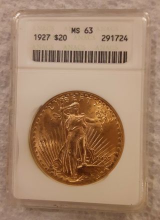 1927 $20.  00 Gold Saint Gaudens Double Eagle Anacs Graded Ms 63
