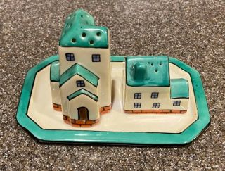 3pc Vintage Noritake Figural Village Buildings Salt & Pepper Shakers & Tray