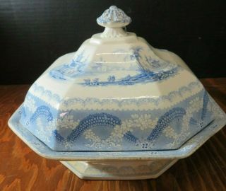 Antique Amoy W.  R.  Transferware Octagonal Covered Serving Bowl 7.  25 " X 9.  75 "