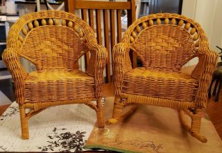 Vintage Wicker Doll Rocking Chair And Lounge Chair.  Wood Beaded Details 11 " X 9 ".