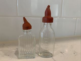 Vintage 4 " And 3” Doll Baby Bottle Glass Red Rubber Nipple Antique