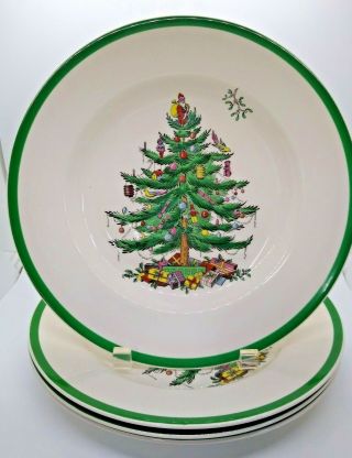 Set Of 4 Spode Christmas Tree Dinner Plates Green Trim England Nwot Santa Holly