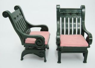 Dollhouse Miniature 2 Arm Chairs Green Plastic With Pink Cushions Embossed Leaf