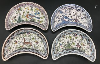 4 Estrela De Conimbriga Portugal Hand Painted Crescent Pottery Trays Plates Vtg