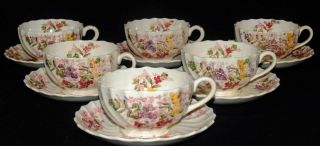 Vintage Copeland Spode Fairy Dell Pattern China Set Of 6 Cups And Saucers