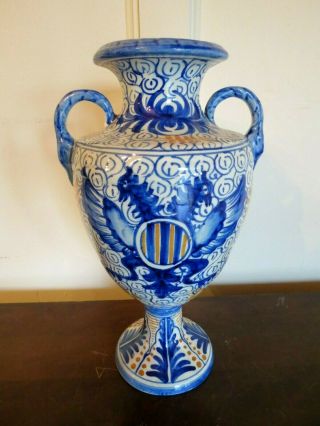 Majolica Hand Painted Double 2 Headed Eagle Double Handle Urn Amphora Vase