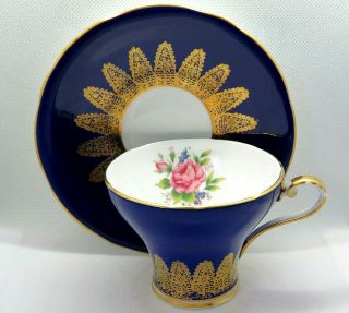 Cobalt Blue Corset Shape Floral Roses Aynsley Tea Cup Saucer Set Gold Leaf