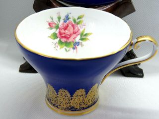 COBALT BLUE Corset Shape FLORAL ROSES Aynsley TEA CUP Saucer Set GOLD Leaf 2