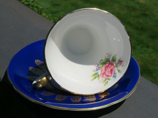 COBALT BLUE Corset Shape FLORAL ROSES Aynsley TEA CUP Saucer Set GOLD Leaf 3