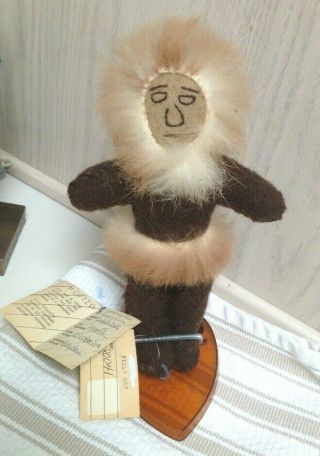 Vintage Pelly Bay Inuit Eskimo Made Doll W/ Rabbit Fur And Stand