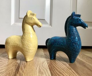 Vtg Pair Bitossi Style Blue Yellow Glazed Horse Figurine Mcm Unsigned