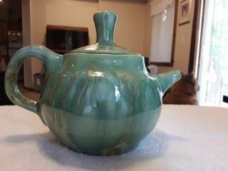 Vintage Mid Century Monterey Jade Tea Pot Green W/ Golden Yellow,  Blue