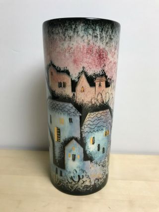 Sascha Brastoff Mcm Mid Century Blue Pink Rooftops Pottery Vase California Usa