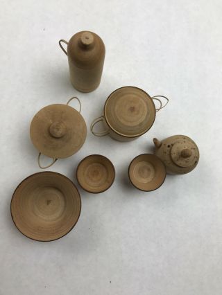 Vintage 9 Piece Miniature Doll House Accessories Wooden Pans Bowls Teapot Toys