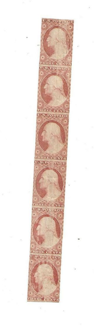 U S Stamps Scott 11 Three Cent Washington Imperf.  Strip Of 6 Cv 2750.  00