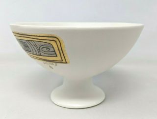 MCM Sascha Brastoff Footed Pedestal White Bowl Dish Gold Design Signed 085 TT20 2