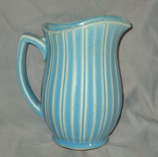 Vintage Mccoy Aqua Blue Pitcher Vase W Handle & Vertical Ribbed Signed 6 1/2 "