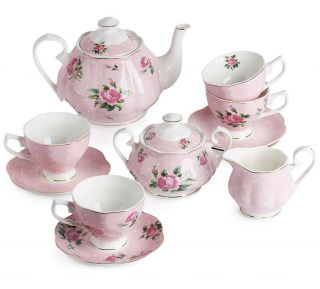 Btät - Floral Pink Tea Set 4 8oz Tea Cups Saucer 38oz Tea Pot Creamer & Sugar Set