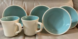 Taylor Smith Tst Chateau Buffet Aqua Blue White 4 - 6” Cereal Bowls & 2 Cups Usa