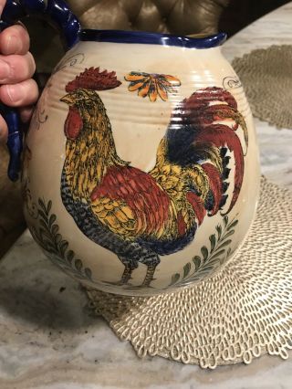 Vtg X - Large Rooster Hand Painted Country Pitcher 128 Oz Pottery
