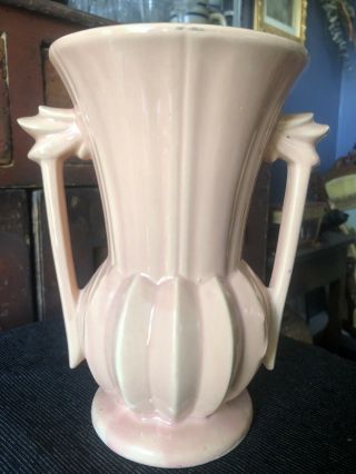 Vintage Mccoy Pottery Pink Peach Handled Vase 9”