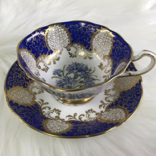 Vtg Rare Paragon Cup & Saucer By Appointment To Her Majesty Cobalt & Gold Floral