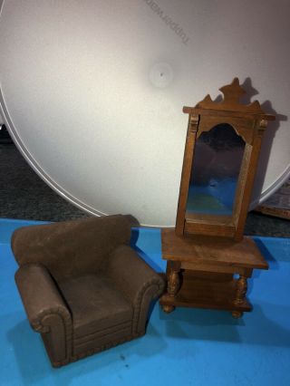Antique Vintage Dollhouse Hall Mirror Table And Chair 3