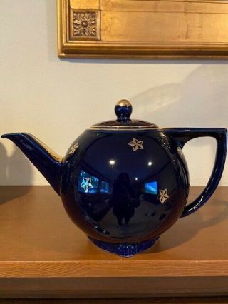 Vintage Hall 6 Cup Teapot 0723 W/lid Cobalt Blue Gold Trim Gold Stars