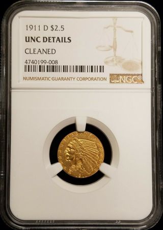 1911 - D $2.  50 Indian Head Gold Coin Quarter Eagle (strong D) Ngc Unc Details