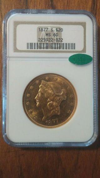 1877 - S Us Gold $20 Liberty Head Double Eagle Ngc Ms - 60 Cac