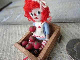 Vintage Dollhouse Miniature Raggedy Ann Toy Doll & Wagon 2
