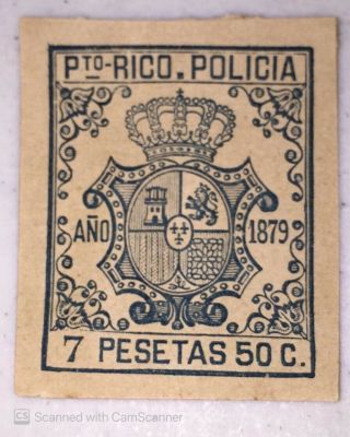 1879 Policias Police Tax Revenue Stamp,  7.  50 Pesetas,  Puerto Rico