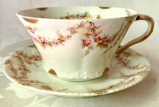 Exquisite Theodore Haviland Limoges Pink Roses Large Cup & Saucer,  Swags,  Daubs