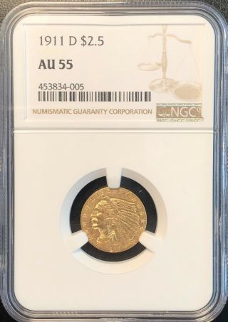 1911 D $2.  50 Gold Indian Quarter Eagle,  Strong D,  Au 55 Ngc,  Key Date
