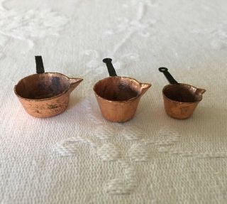 Vintage Dollhouse Miniatures Copper Brass Pots Set Of Three Kitchen Accessories