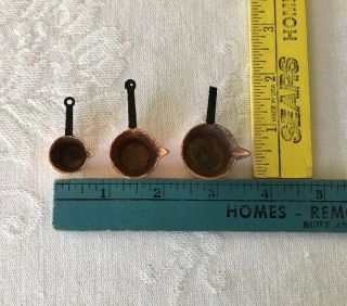Vintage Dollhouse Miniatures Copper Brass Pots Set Of Three Kitchen Accessories 2