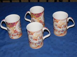 Royal Albert Lady Carlyle Fine China Afternoon Tea P.  Mitchell 4 Mugs Pink Trim