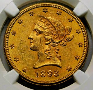 1893 - S Ms - 62 Ngc $10 Stunning Rare Liberty Head Eagle.  United States Gold Coin.