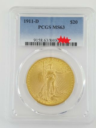 1911 - D $20 Pcgs Ms 63 St.  Gauden’s Gold Double Eagle Gold Coin