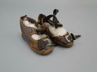 Antique German Bisque Doll Shoes Black Leather Small Size Needs Repairs