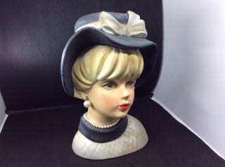 Vintage Lady Head Vase,  Napco C7496 Black Hat,  Pearl Necklace & Earrings,  7 1/2 "