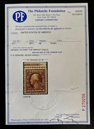 US Stamps,  Scott 377 4c 1911 Washington 2015 PF Certificate - GC XF 90 3