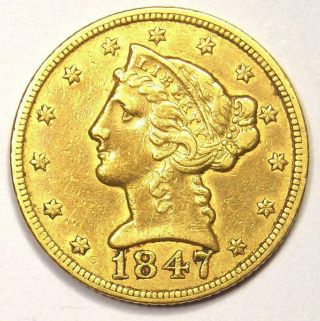 1847 - C Liberty Gold Half Eagle $5 - Au Details - Rare Charlotte Coin