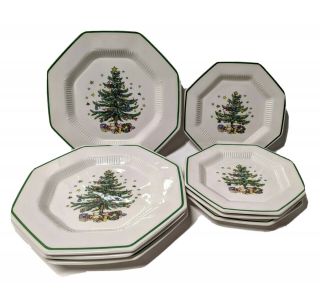 Nikko Christmastime Set Of (4) 10 1/2 " (4) 8 " Octagon Christmas Tree Plates
